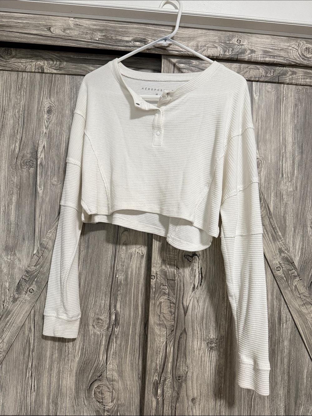 Aeropostale Cream Cropped Waffle Henley Long-Sleeve Top